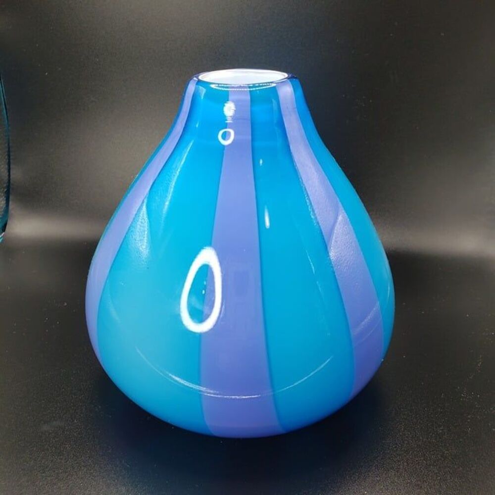 Pier One Blue with Purple Stripe Blown Art Glass Flower Vase 5" Modern